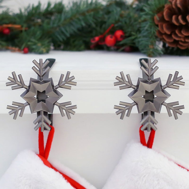 Haute Decor MantleClip Stocking Holders with Removable ZINC Alloy Holiday Icons (2-Pack Snowflake, Pewter) - Image 2